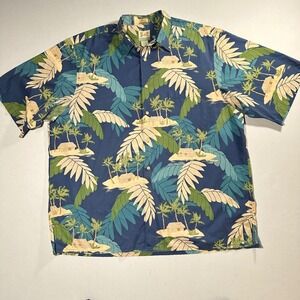 90s Reyn Spooner Aloha Shirt Mens XXL Blue Green Cotton Lawn Tiki Island Hut EUC